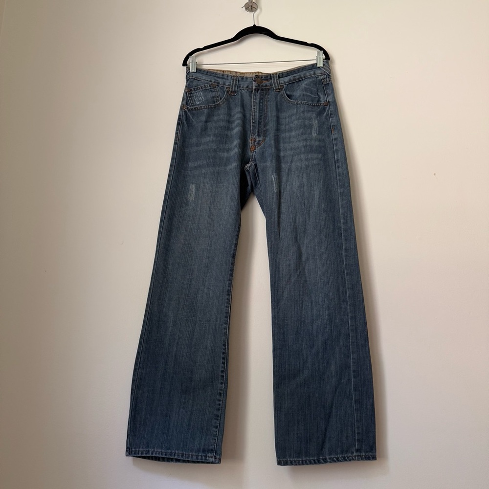 Vintage Y2K Basic Code Embroidered Baggy Blue Denim Premium Jeans, size 32x32